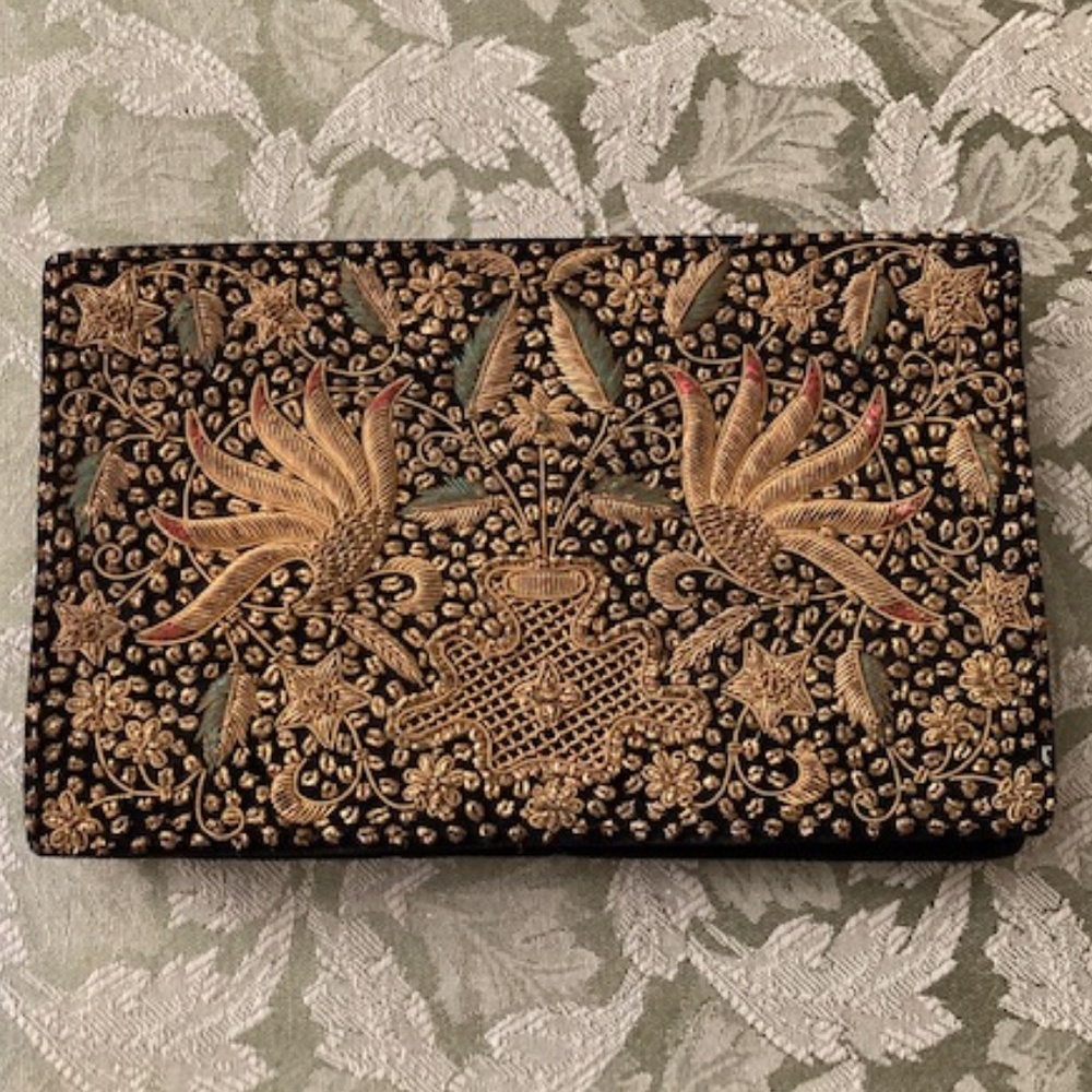 Vintage Black Clutch with Gold Embroidered Floral & Bird Motif